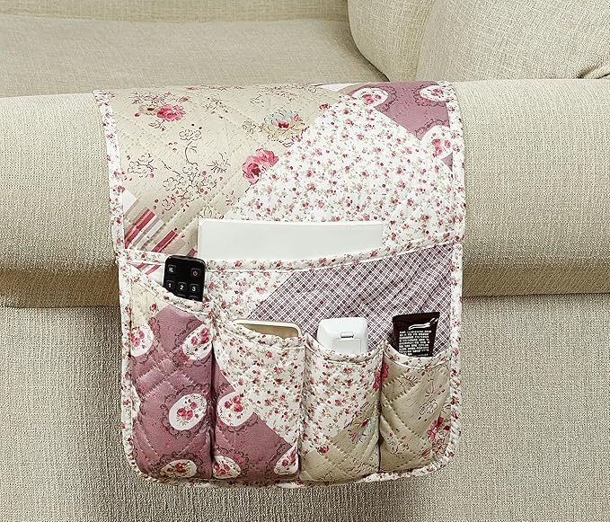 Brilliant Sunshine Pink Rosette and Stripes Patchwork Couch Armrest 5 Pockets Organizer, Slip Resistant Armchair Caddy, Washable Remote Controls Holder, Storage for Magazine, Tablet, Phone, iPad, Rose