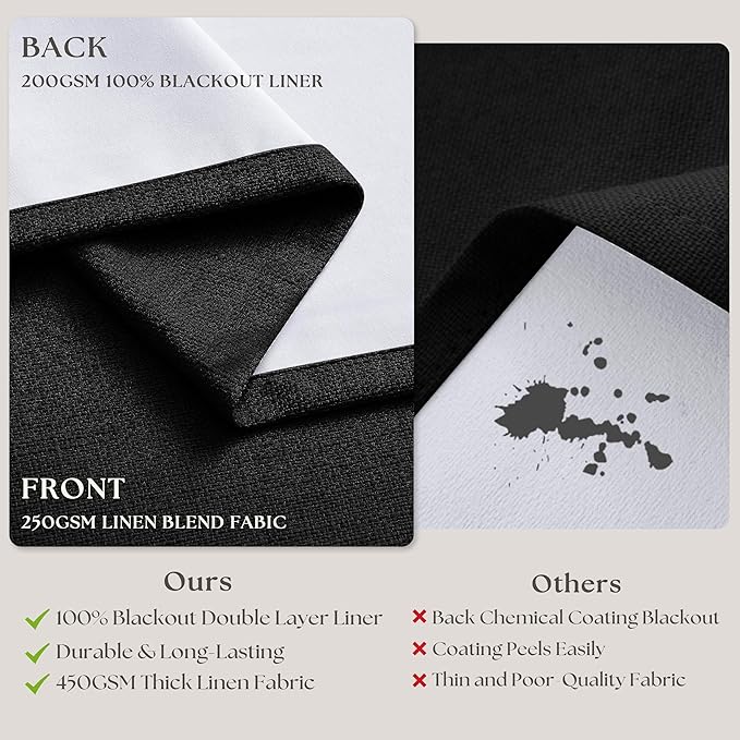 Neutral Black Linen Pinch Pleated Blackout Curtains 108 Inches Long for Bedroom Pleated 100% Black Out Drapes with Liner Black Farmhouse Modern Extra Long 108 Inch Curtain for Living Dining Room