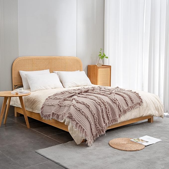 Ultra Soft Pre-Washed Quilted Throw Blanket, Ruffle Fringed Dusty Rose Pink Decorative Throw, Stone Washed Chic Rustic Blanket for Sofa Couch Bed Chair, 50"x 60"
