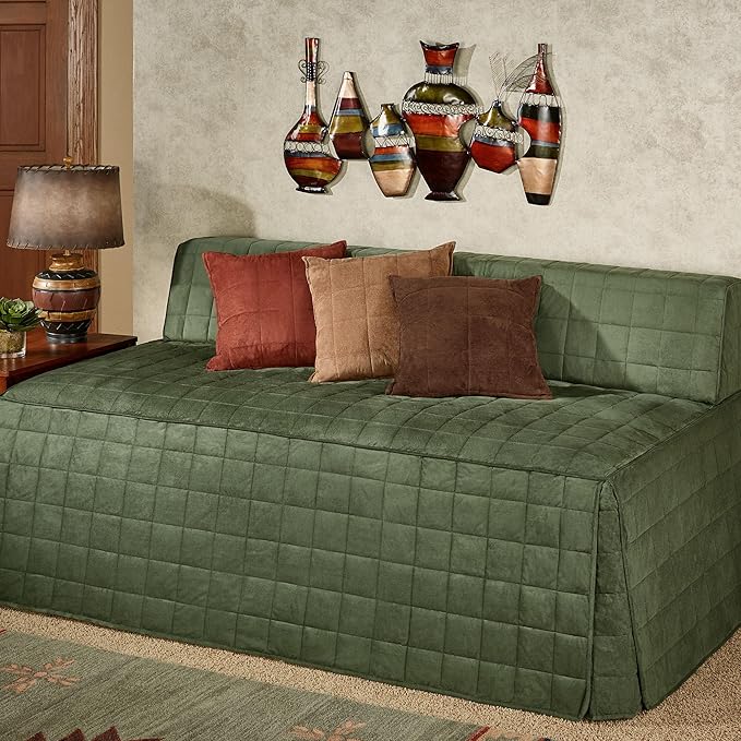 Camden Luxury Bedding | Deep Sage Green Color | Fitted Hollywood Daybed Bedding | Faux Suede Box Quilted Design | 5 Piece Set With Extra Long Hollywood Cover, 2 Bolster Shams, and 2 Bolster Pillows