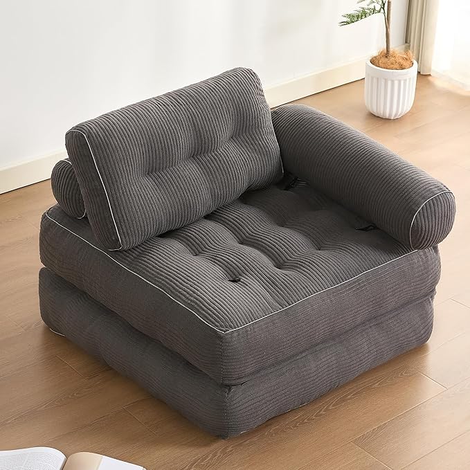 Plus Futon Sofa Bed for Small Spaces, Floor Couch with Armrest, Folding Sofa Couch, Convertible Sleeper Chair Bed with Pillow, Portable Comfy Floor Lounge for Living Room and Bedroom, Grey