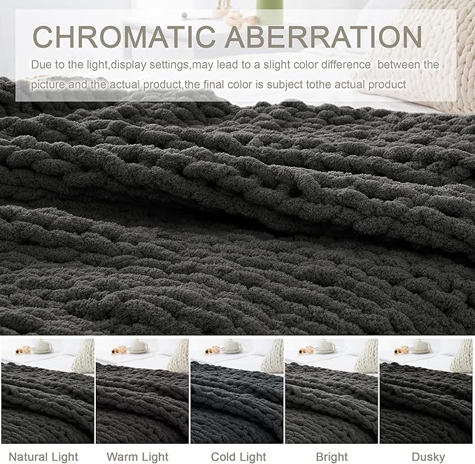 Chunky Knit Throw Blanket 50"X 60", 100% Handmade with Soft Chenille Yarn, 4.4lbs Thick Cable Knitted Blankets, Large Rope Knot Crochet Throws for Couch Sofa Bed Home Decor, Dark Grey