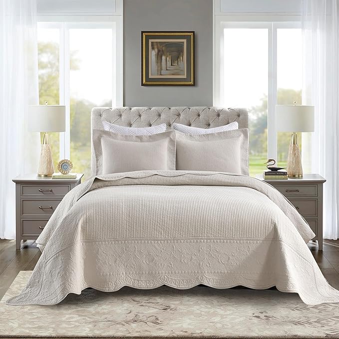MarCielo 3-Piece 100% Cotton Oversized Bedspread Lightweight Quilt Coverlet Embroidery Farmhouse Bedding Set (TG Yellowish Beige, Oversized King (118"x106"))