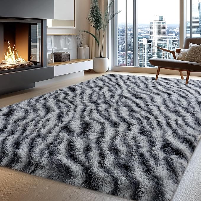 Fluffy Rugs for Bedroom Living Room, 4x6 Feet Zebra Black and White Shag Area Rug for Kids Girls Boys Dorm Nursery, Soft Non-Slip Modern Fuzzy Plush Carpet for Indoor Home Decor