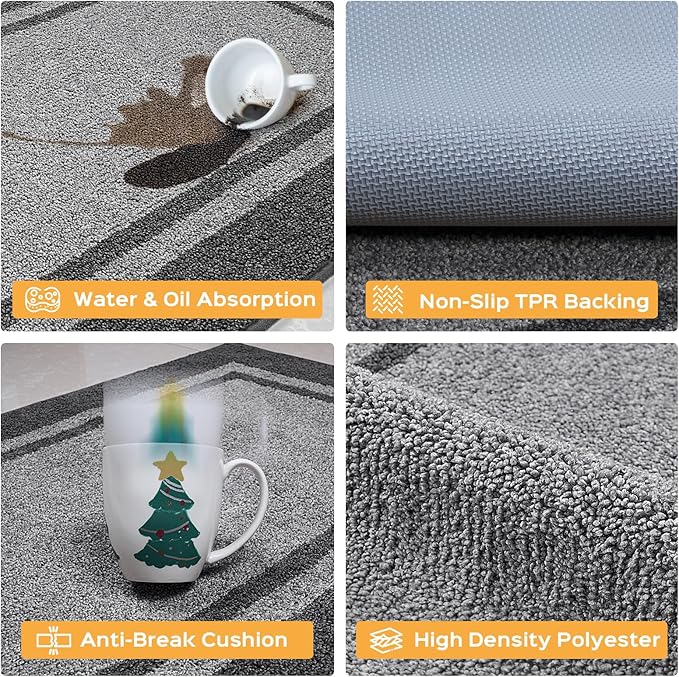 Kitchen Rugs 24" x 84", Non-Slip Machine Washable Kitchen Runner Rugs Floor Mats, Absorbent Comfort Standing Mats for Kitchen, Sink, Laundry and Hallway, Rolled Packaging, Light Grey & Dark Grey