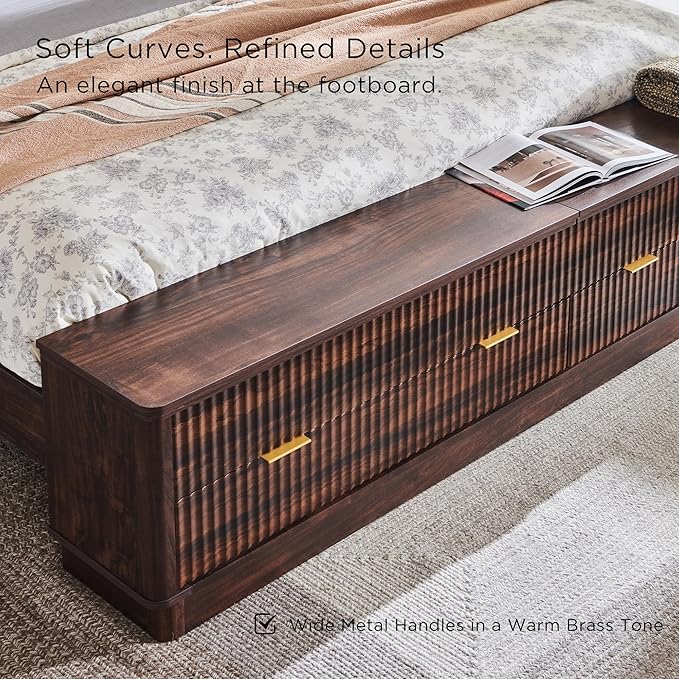 T4TREAM Fluted King Size Bed Frame with Wingback Headboard, Footboard Storage Bench with Built-in Drawers & Lift-Up Compartments, Wood & Steel Platform Bed, No Box Spring Needed, Dark Walnut
