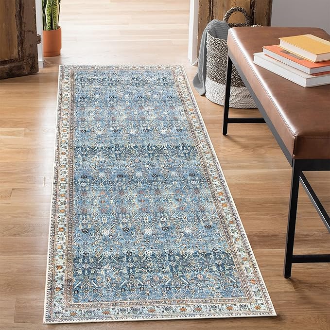 Bloom Rugs Washable Non-Slip 10 ft Runner - Blue/Beige Traditional Runner for Entryway, Hallway, Bathroom, and Kitchen - Exact Size: 2.5' x 10'