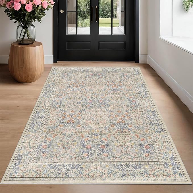 Washable Beige Blue 5x8 Area Rug for Large Entryway, Living Room, Kids Room, Boy Nursery Room, Bedroom Rug - Vintage Oriental Low Pile Non Slip & Stain Resistance (5x8 Beige Blue)