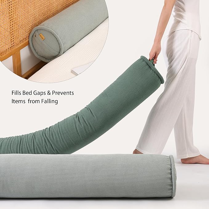 Long Pillow for Bed – Corduroy Round Bolster Pillow for Adults, Decorative Body Pillow for Sleeping or Sofa Support,47 x 7.87 Inches,Grey Green