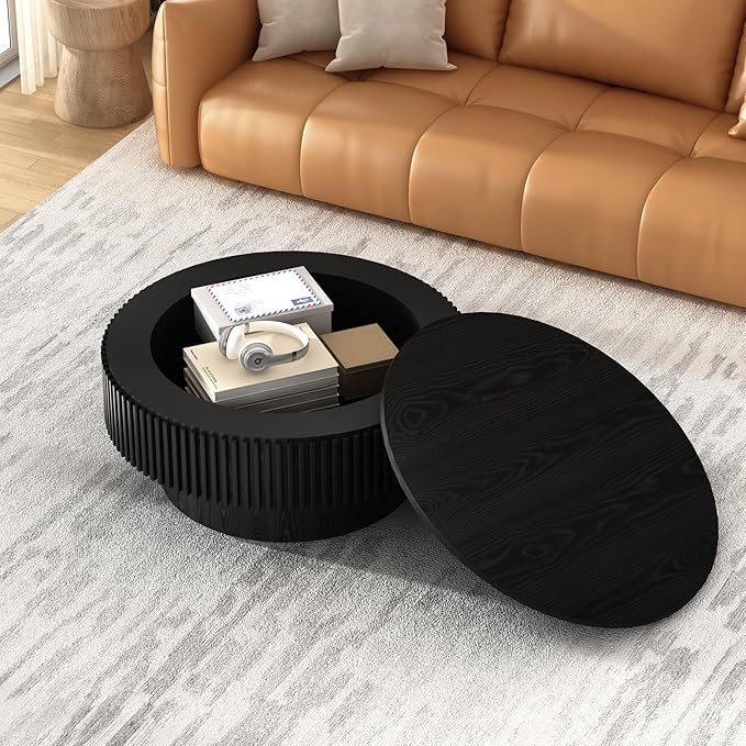 LKTART Round Coffee Table for Living Room, Accent Fluted Drum Coffee Table with Storage, Modern Solid Wood Veneered Circle Center Tea Table for Small Space Apartment (31.5''D×14''H-Black)
