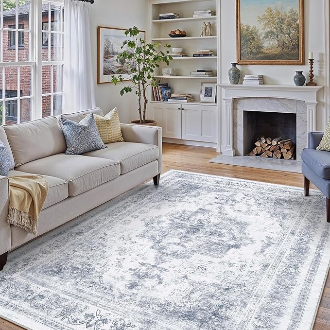 Washable Rug 6x9 Area Rug for Living Room Blue Vintage Boho Medallion Large Distressed Retro Carpet Non Slip Indoor Low Pile Small Soft Bedroom Dining Room Home Office
