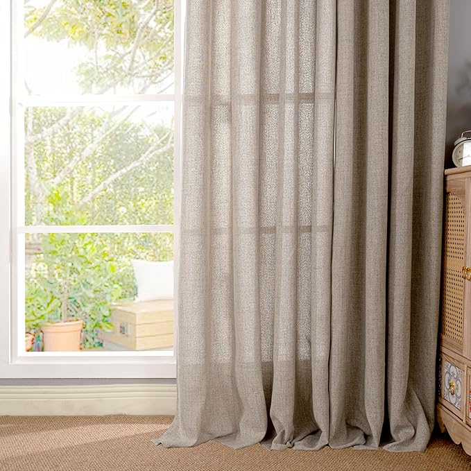 YoungsTex Oatmeal Semi Sheer Linen Curtains 80 Inch Length for Living Room, Burlap Light Filtering Window Treatments with Bronze Grommet for Bedroom Farmhouse, 52 x 80 Inch, 2 Panels
