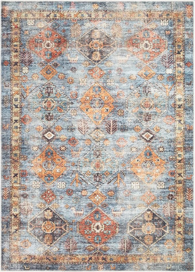 Bloom Rugs Washable Non-Slip 5' x 7' Rug - Blue/Orange Traditional Bordered Area Rug for Living Room, Bedroom, Dining Room, and Kitchen - Exact Size: 5' x 7'