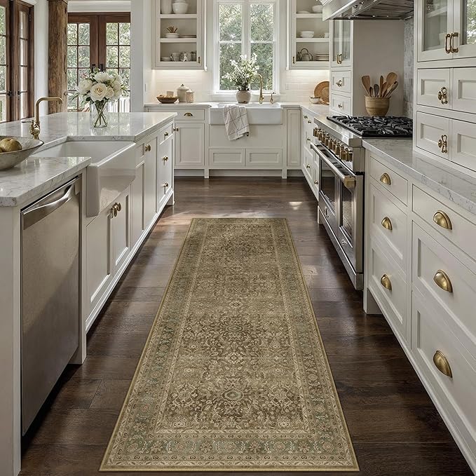 Brown 2x6 Runner Rug Washable Vintage Long Carpet for Hallway Kitchen Soft Retro Floral Low Pile Indoor Runner Non Slip Traditional Distressed Rug for Bathroom Bedroom Laundry Dining Room