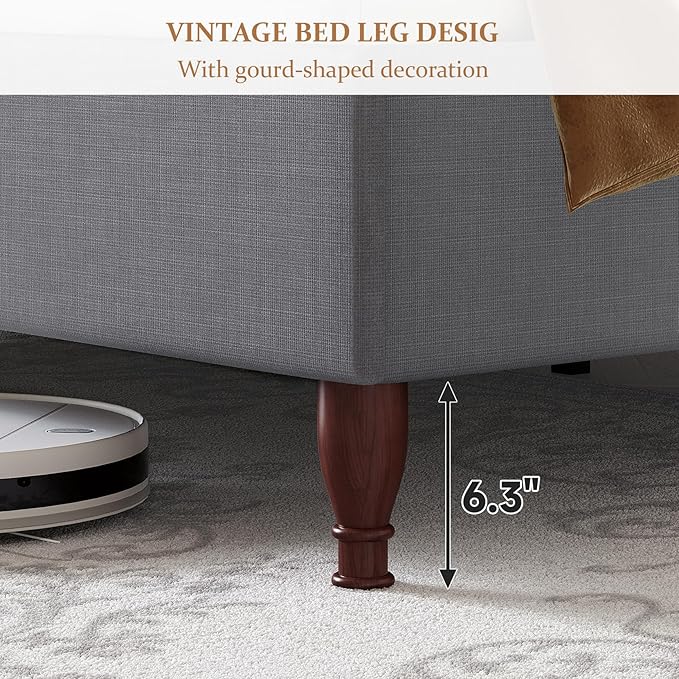 koorlian Queen Bed Frame Upholstered Platform Bed with 51" Tall Headboard Wingback, Soft Fabric, Retro Simple Style No Box Spring Needed, Easy Assembly, Grey