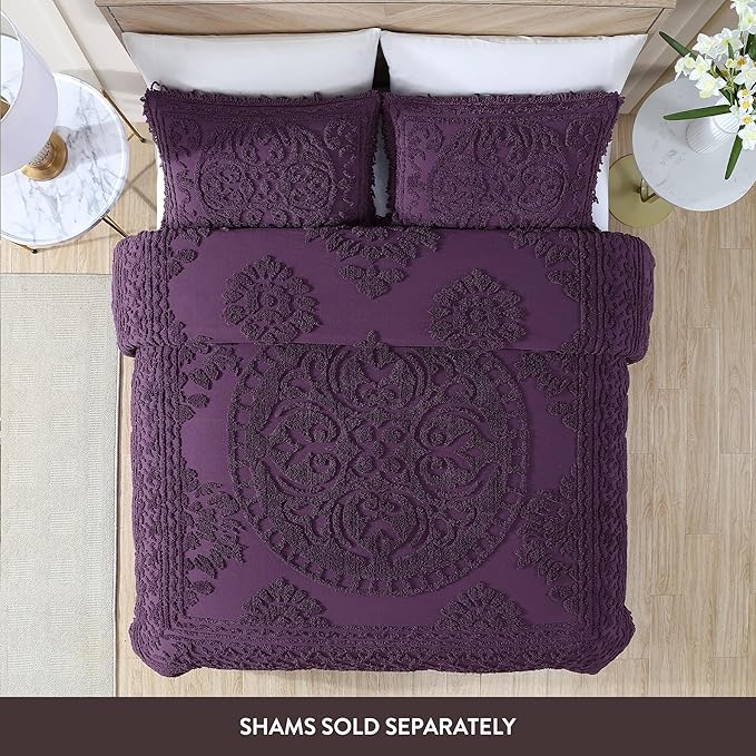 Beatrice Home Fashions Medallion Chenille Bedspread, Queen, Eggplant