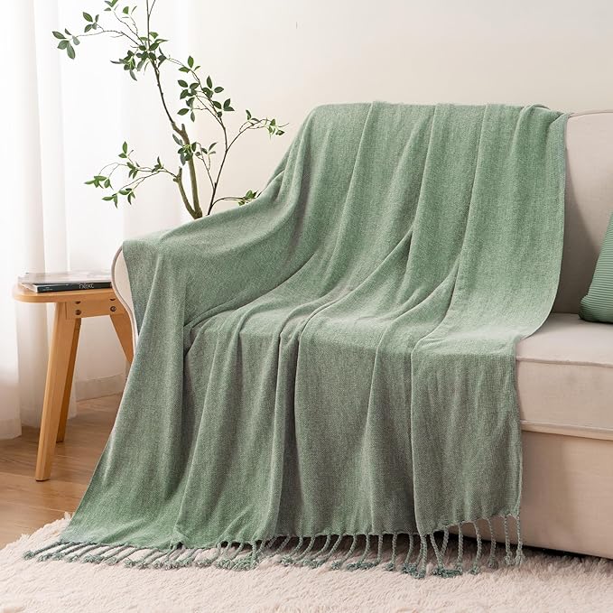 BATTILO HOME Sage Green Throw Blanket for Couch, Bed, Sofa - Soft Cozy Sage Chenille Throw with Fringe Tassels, Lightweight Green Knit Throw for Spring Home Decor, 50"x60"