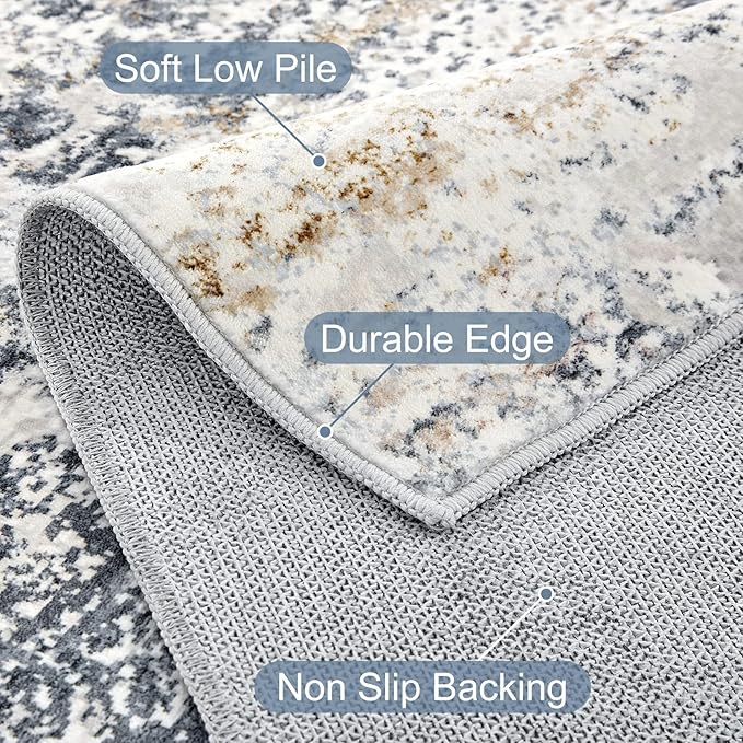 Square Area Rug Living Room Rugs - 5x5 Washable Large Soft Indoor Neutral Modern Abstract Low Pile Rug Carpet for Bedroom Dining Room Farmhouse Home Office - Beige Blue