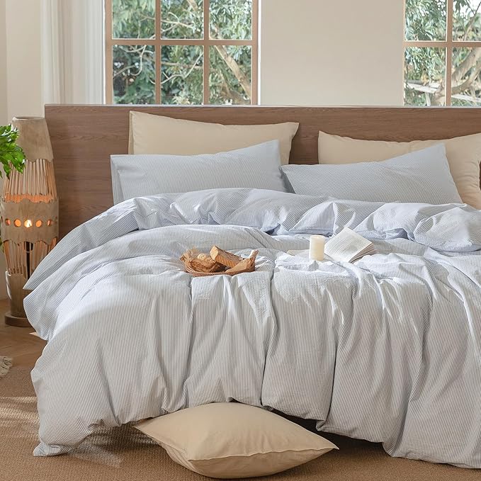 MooMee Striped Duvet Cover Set 100% Washed Cotton Linen Like Textured Breathable Durable Soft Comfy (Cornflower Blue White Pinstripes, Palatial King/Oversized King 120"x98")