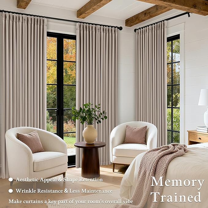 Pleated Linen Blackout Curtains 112 Inches Long for Living Room Pinch Pleat for Track System Custom Made Memory Shape Drape 100% Black Out Light Blocking Bedroom Window Curtain Greige Burlywood Birch
