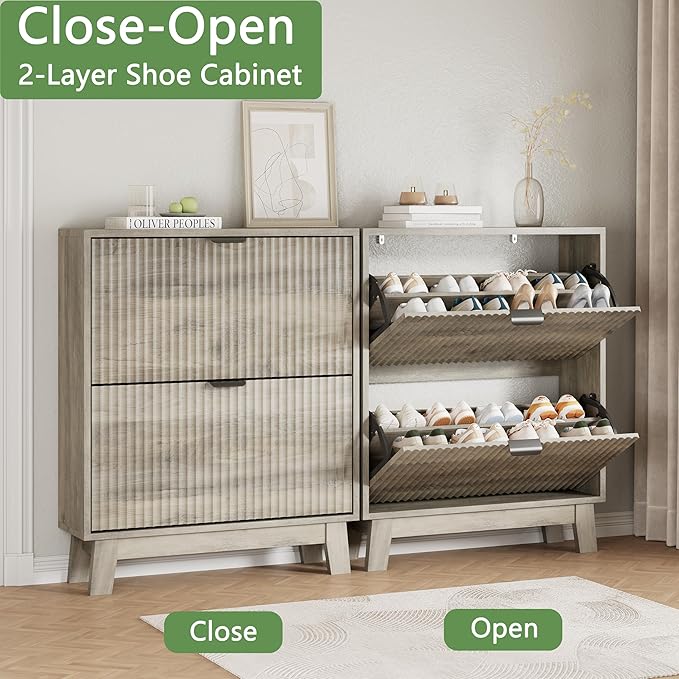 Shoe Cabinet with 2 Flip Drawers, 37" Tall Narrow Fluted Shoe Storage Organizer for Entryway, Hidden Slim Wooden Shoe Rack Cabinet for Front Door Entrance, Hallway, Living Room, Light Grey