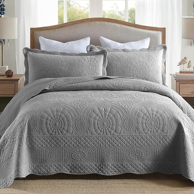MarCielo 3-Piece 100% Cotton Oversized Bedspread Lightweight Quilt Coverlet Embroidery Farmhouse Bedding Set (Tf Light Grey, Oversized King (118"x106"))