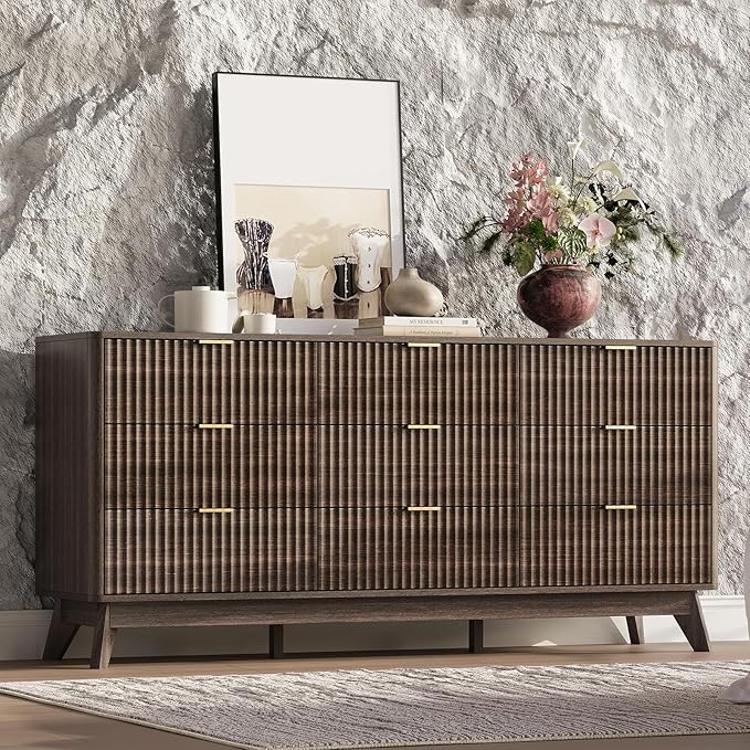 63'' Wide 9 Drawers Dresser for Bedroom,Modern Fluted Vertical Chest with Rounded Corners,Fluted Dresser for Living Room,Hallway, Walnut