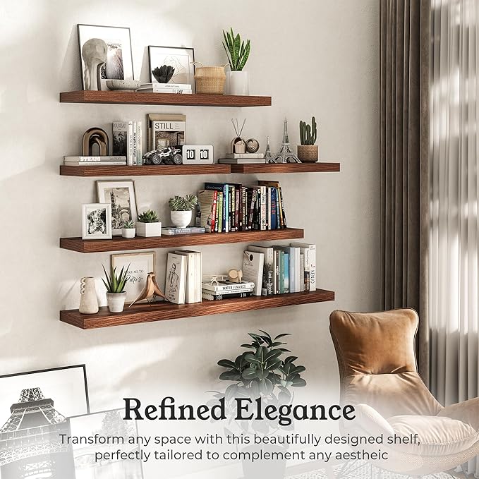 Floating Shelves for Wall, 9.3" Deep Wall Mounted Rustic Wood Shelves for Bathroom, Bedroom, Living Room, Kitchen, Hanging Shelf for Books/Storage/Room Decor (Walnut, 48")