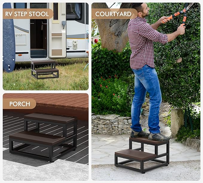 2-Step Waterproof HDPE Step Stools for Adults Kids, Heavy Duty Metal Frame Stepping Stools for High Beds, Non-Slip 2 Bedside Foot Stool with 500 Lbs+ Capacity, Kitchen, Bed, RV Step-Dark Brown
