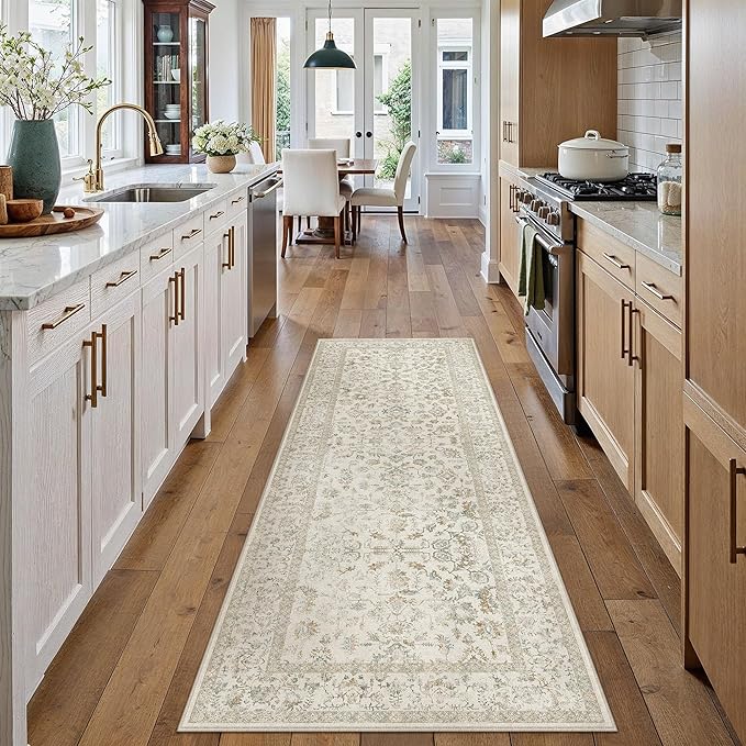 2x6 Taupe Runner Rug Hallway Non Slip Kitchen Vintage Distressed Long Carpet Indoor Machine Washable Retro Floral Bedroom Accent Throw Rug for Office Laundry Bathroom Dining Living Room