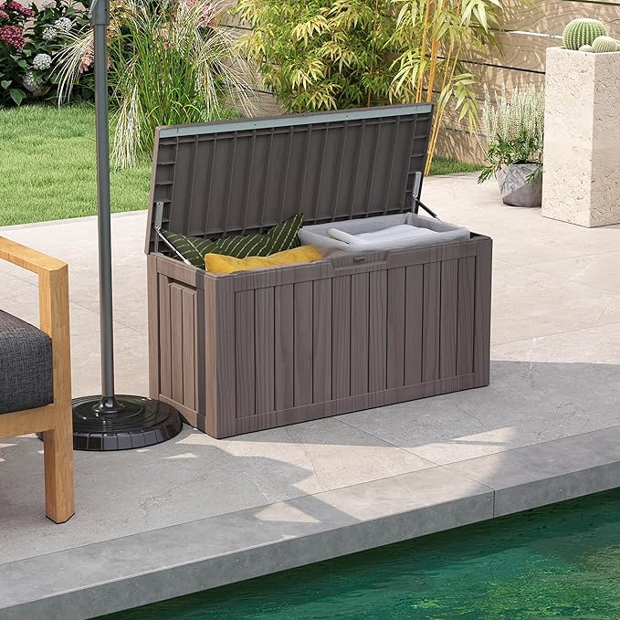 80 Gallon Outdoor Storage Box Waterproof, Resin Deck Boxes with Lockable Lid & UV-Resistant for Patio, Pool, Garden Furniture Cushions & Accessories, Coffee