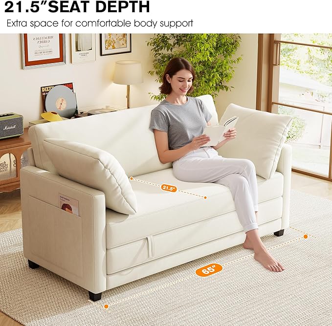 65" Loveseat Sleeper Sofa Bed, Chenille Convertible Sofa Bed for Small Spaces, Folding Couch Bed with Deep Seat, Solid Frame, Pull Out Floor Couches for Living Room, Beige