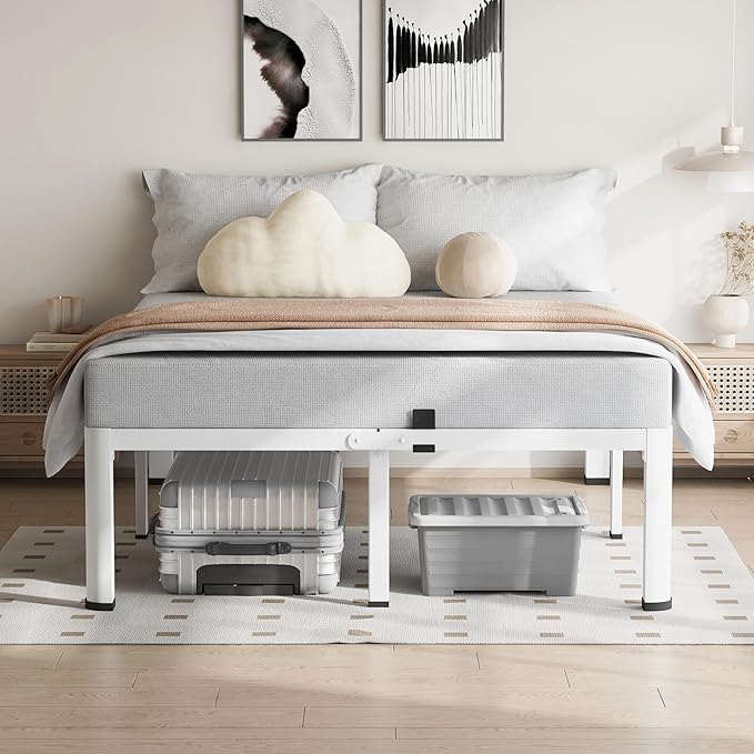 12 Inch White Queen Bed Frame, 3500Lbs Heavy Duty Metal Platform with Round Corner Legs Mattress Slide Stopper, Steel Slat Support No Box Spring Needed, Noise Free, Non-Slip, Easy Assembly