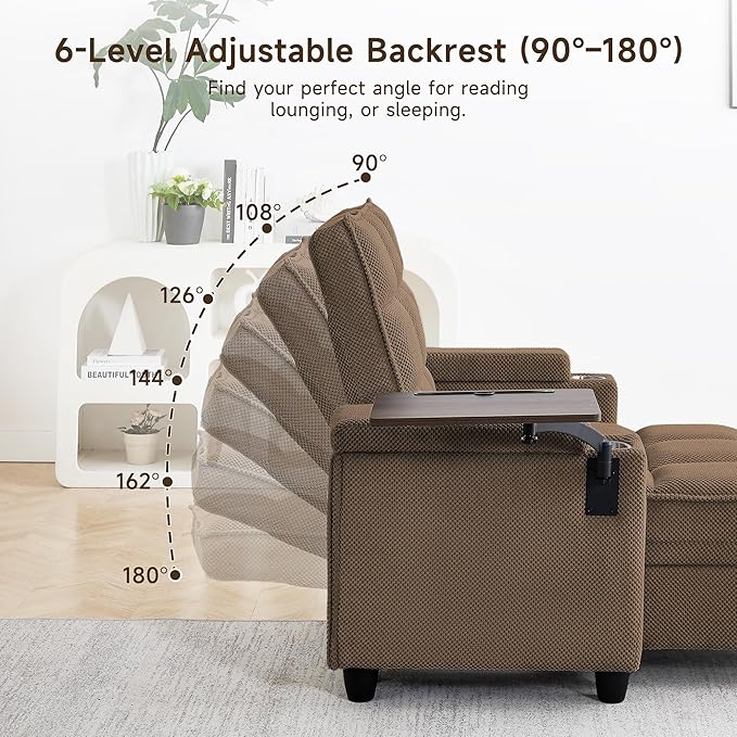 41.7" Chaise Lounge Chair Indoor, Oversized Boucle Upholstered Sofa Bed, Adjustable Backrest Deep Seat Reading Chair, Sofas Couches for Living Room with Storage, Cup Holders & 360° Swivel Side Table