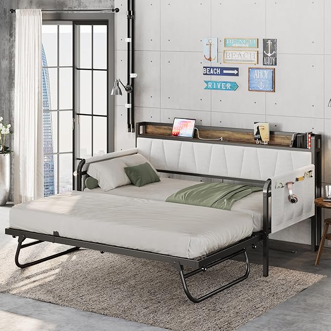 LIKIMIO Daybed with Trundle Bed, Twin Bed Frame with Storage Headboard and Charging Station, Sofa Day Bed with Strong Supports for Living Room, Bedroom, and Guest Room, Beige