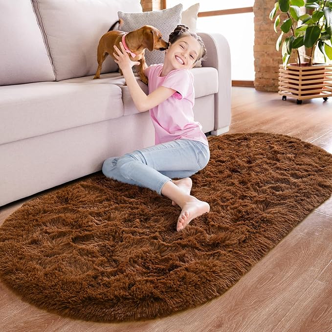 Noahas Fluffy Brown Rugs for Bedroom Living Room,2.6'X5.3' Oval Throw Rug for Kids Room,Shag Hallway Runner Rug,Small Soft Shaggy Bedside Non-Slip Plush Nursery Dorm Carpet Home Decor Aesthetic