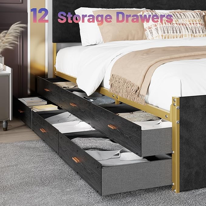 King Size Bed Frame with 12 Storage Drawers and Headboard, Metal Platform Bedframe, No Box Spring Needed, Stable and Solid, Noise Free. (Black+Velvet, King)