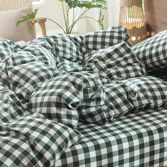 MooMee Gingham Duvet Cover Set 100% Washed Cotton Linen Like Textured Breathable Durable Soft Comfy Modern Checkered Design (Buffalo Plaid Forest Green, King 104"x90")