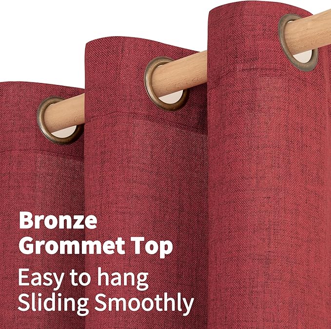 YoungsTex Red Linen Curtains 63 Inch Length 2 Panels for Living Room, Light Filtering Window Drapes with Bronze Grommet Privacy for Bedroom, 52 x 63 Inch