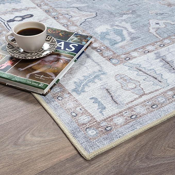Fame Rugs Gray Modern Oushak Rug 2x3, Vintage Doormat Turkish Colorful Oriental Antique Inspired Washable Small Area Rug, Luxury Living Room Bedroom (Gbeige, 2' x 3')