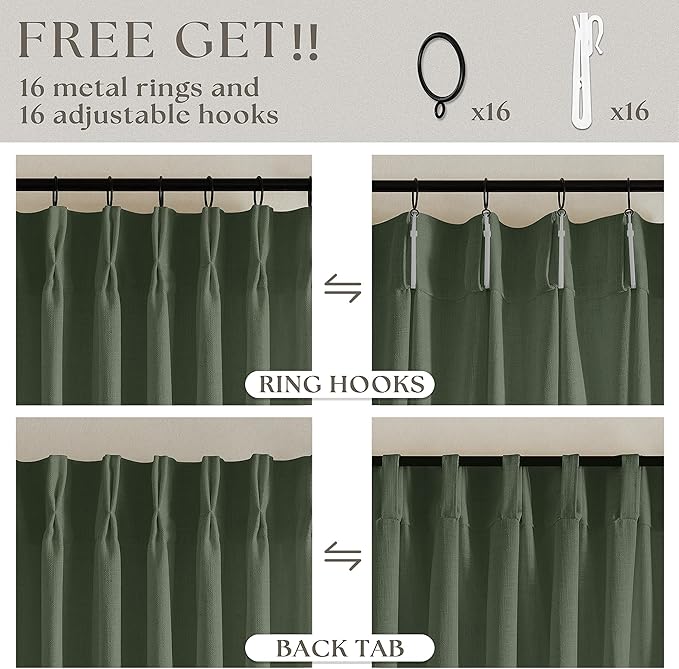 Pleated Linen Olive Green Curtains 102 Inches Long 2 Panels Set for Living Room Bedroom Neutral Farmhouse Cotton Linen Blend Back Tab Memory Shape Pinch Pleat Ceiling Floor 102 Inch Window Curtain