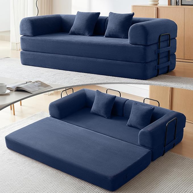 Convertible Sofa Bed with Corduroy Pillow,Comfy Floor Sofa Bed Compressed Sofa in Box, Convertible Sofa Bed for Living Room Bedroom Lounge Studio, Comfy High Density Foam Mattress(Navy Blue)