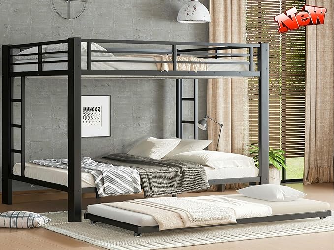 SIGONE Stronger & Safer Heavy Duty Queen Over Queen Size Bunk Bed for Adults Teens, Thickened More Stable Metal Bunkbed Frame (Greater Weight Capacity) (Queen Over Queen Bunk Bed with Trundle)