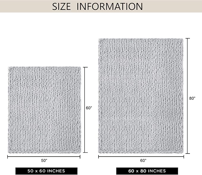 Chunky Knit Throw Blanket 50"X 60", 100% Handmade with Soft Chenille Yarn, 4.4lbs Thick Cable Knitted Blankets, Large Rope Knot Crochet Throws for Couch Sofa Bed Home Decor, Light Grey