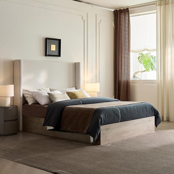 Queen Size Upholstered Bed Frame, 54" Tall Headboard Shelton Wingback Bed Frames, Wood Base Platform Beds, No Box Spring Needed No Noise, Rustic Modern Farmhouse,Textured Ivory Canvas Chenille