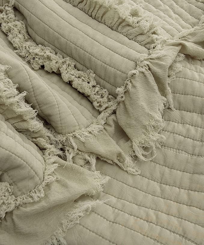 Ultra Soft Pre-Washed Quilted Throw Blanket, Ruffle Fringed Olive Green Decorative Throw, Sage Green Stone Washed Chic Rustic Blanket for Sofa Couch Bed, 50"x 60"