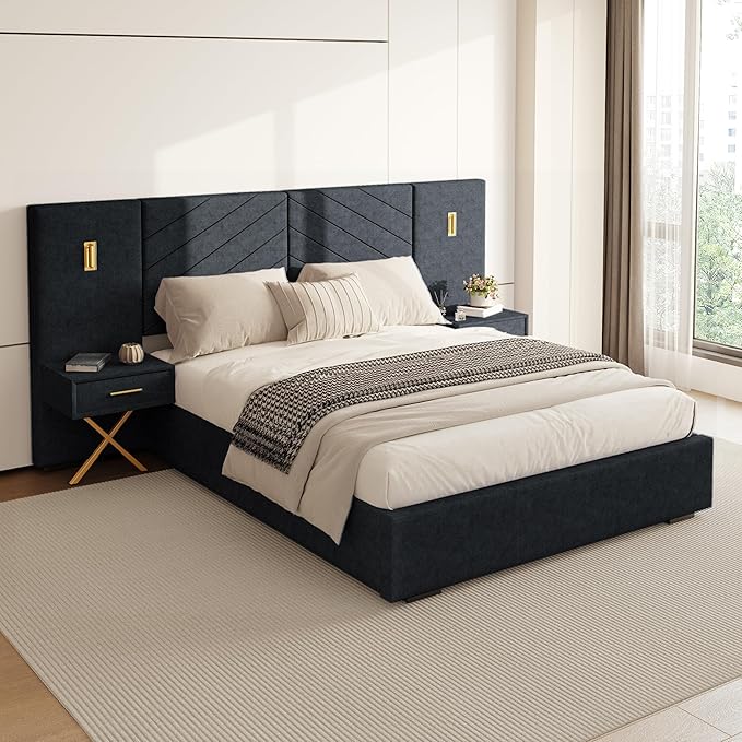 DEINPPA Luxury Queen Bed Frame with Built-in Gold LED Lights and Nightstands, Queen Size Platform Bed with Oversize Upholstered Headboard, No Box Spring Needed-Gunmetal Black