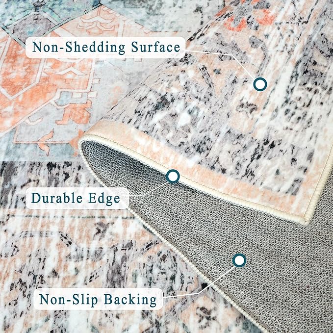 vivorug 5x7 Area Rugs - Ultra-Thin Washable Rug with Non-Slip Backing, Ideal for Living Room, Bedroom, Dining Room Indoor - Vintage, Easy Clean, Durable, Low Pile Rug Orange