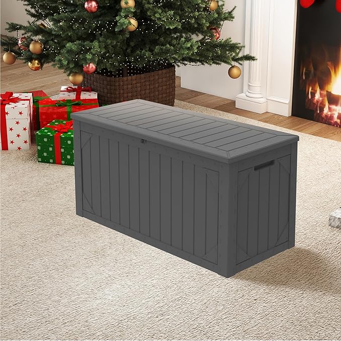 100 Gallon Outdoor Storage Box Waterproof, Lockable Resin Deck Box Patio Storage Bin for Pool Accessories Cushion Furniture, Garden Tools, UV-Resistant Outside Delivery, Grey