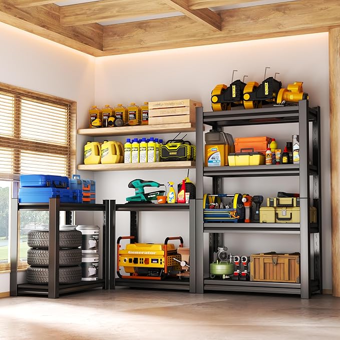 Storage Shelves, Garage Metal Shelving Unit, Adjustable, Double-Layer Column with Reinforced Ribs, Heavy-Duty, Capable of Bearing 600-3600 lbs (Black, 24 * 14 * 47, 4-Tier)